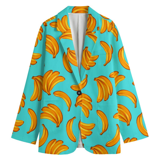 Blue Banana Pattern Print Women's Cotton Blazer