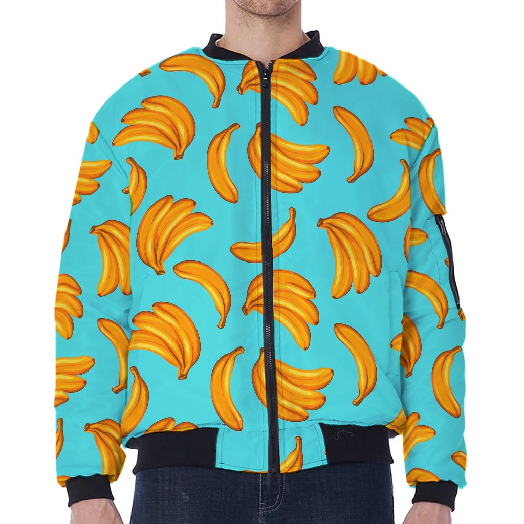 Blue Banana Pattern Print Zip Sleeve Bomber Jacket