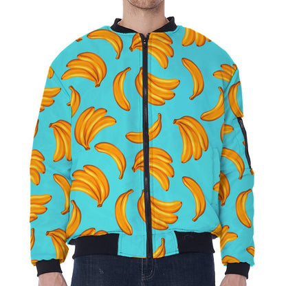 Blue Banana Pattern Print Zip Sleeve Bomber Jacket
