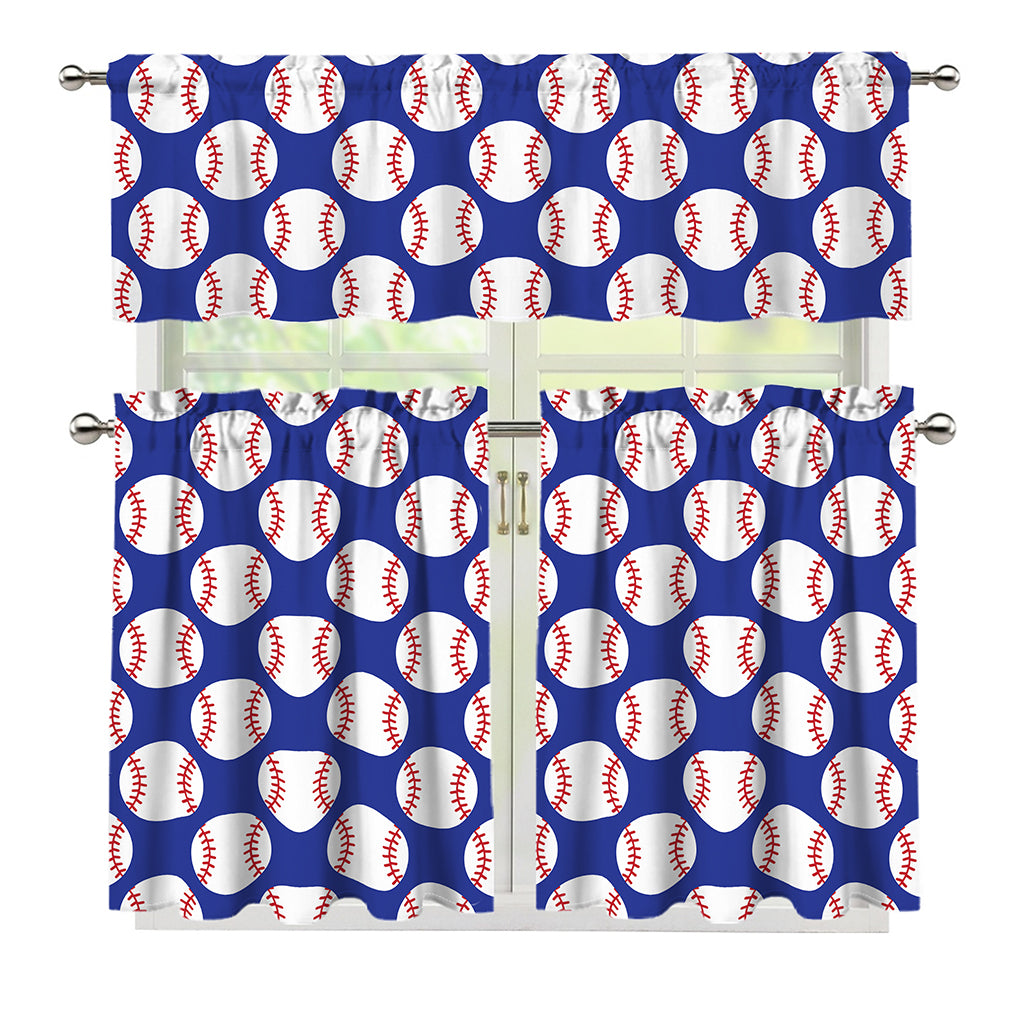 Blue Baseball Pattern Print 3 Piece Kitchen Curtains
