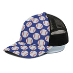 Blue Baseball Pattern Print Black Mesh Trucker Cap
