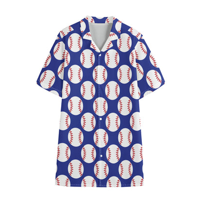 Blue Baseball Pattern Print Cotton Hawaiian Shirt