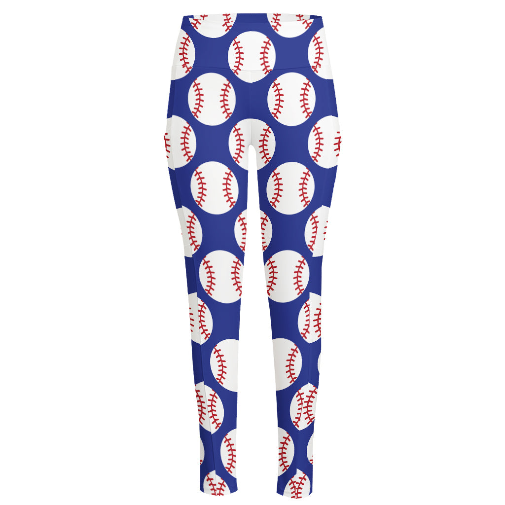Blue Baseball Pattern Print High-Waisted Pocket Leggings