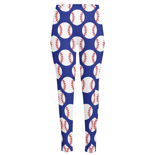 Blue Baseball Pattern Print High-Waisted Pocket Leggings