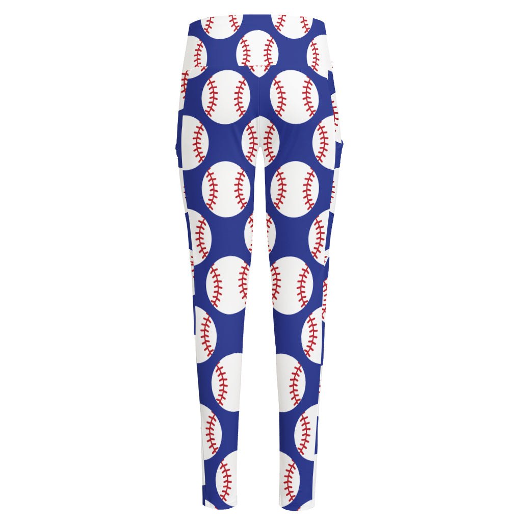 Blue Baseball Pattern Print High-Waisted Pocket Leggings