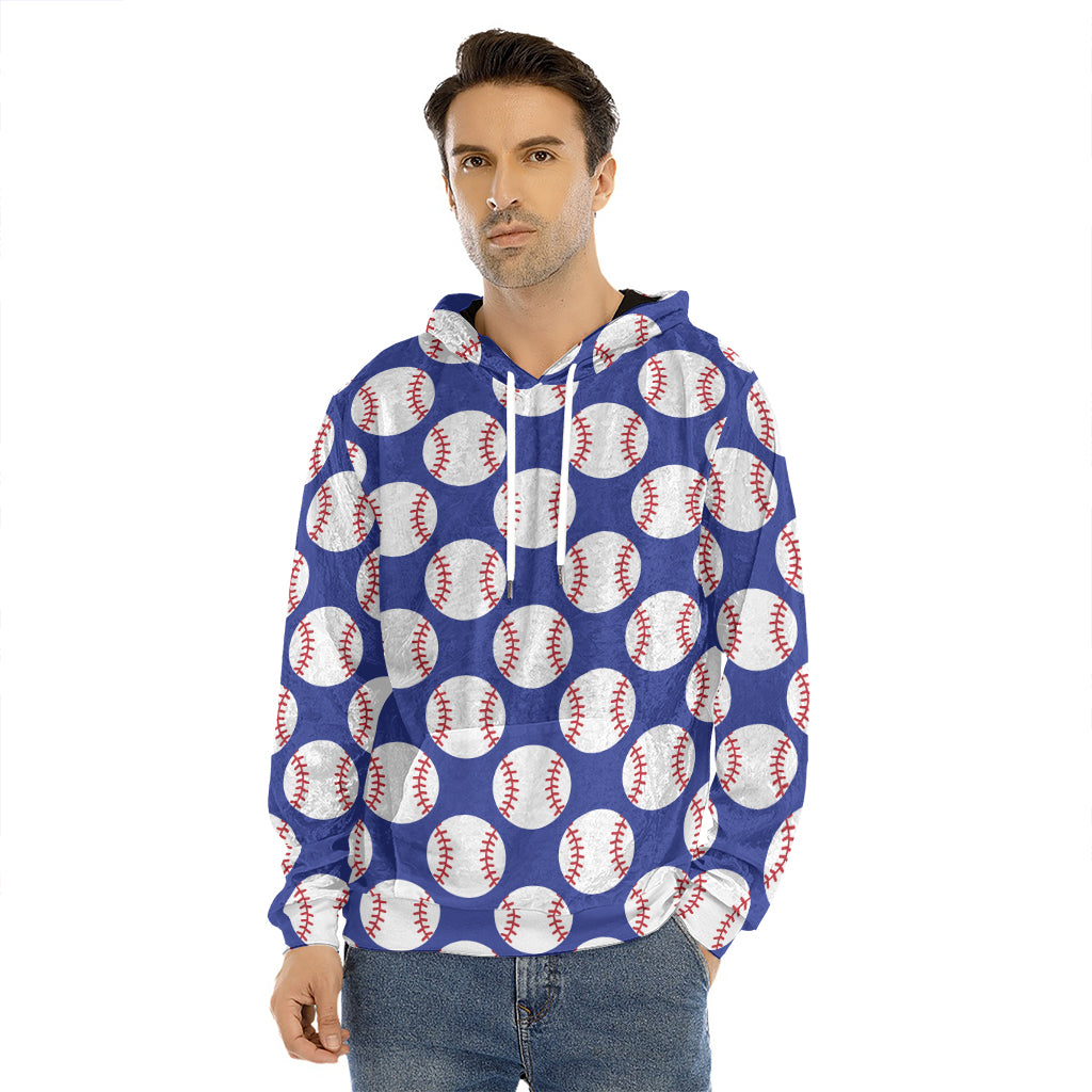Blue Baseball Pattern Print Men's Velvet Pullover Hoodie