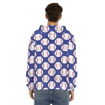 Blue Baseball Pattern Print Men's Velvet Pullover Hoodie