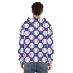 Blue Baseball Pattern Print Men's Velvet Pullover Hoodie