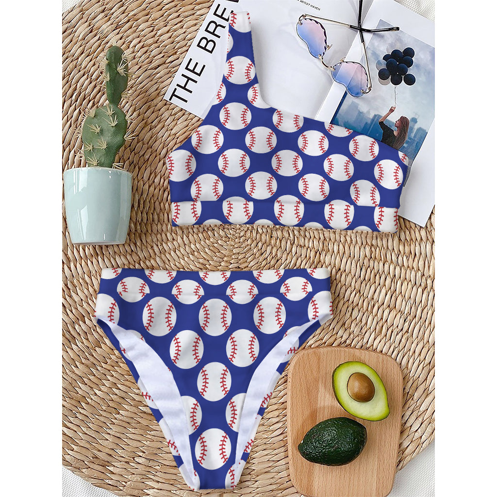 Blue Baseball Pattern Print One Shoulder Bikini Top