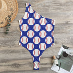 Blue Baseball Pattern Print One Shoulder Bodysuit