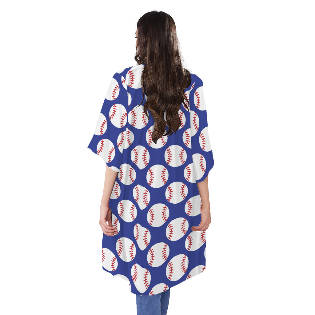 Blue Baseball Pattern Print Open Front Beach Cover Up
