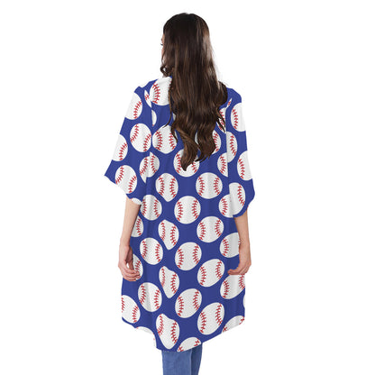 Blue Baseball Pattern Print Open Front Beach Cover Up