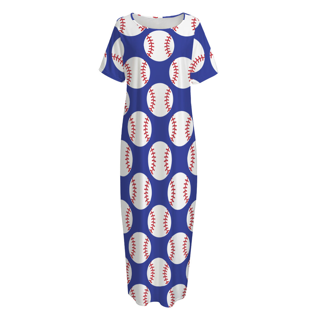Blue Baseball Pattern Print Short Sleeve Long Nightdress