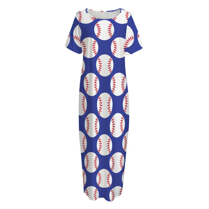 Blue Baseball Pattern Print Short Sleeve Long Nightdress