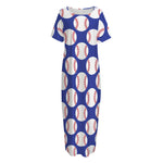 Blue Baseball Pattern Print Short Sleeve Long Nightdress