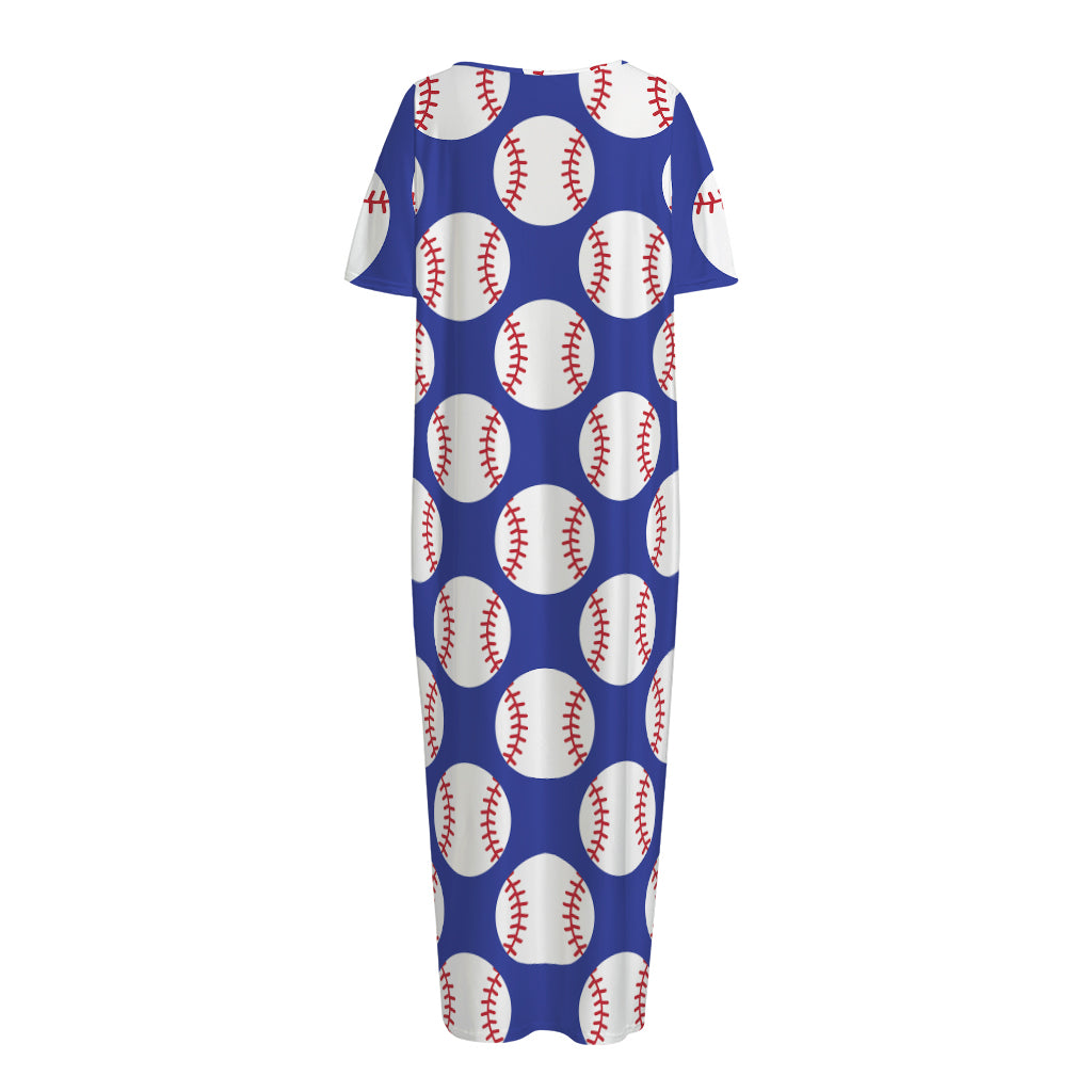Blue Baseball Pattern Print Short Sleeve Long Nightdress