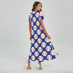 Blue Baseball Pattern Print Short Sleeve Maxi Dress
