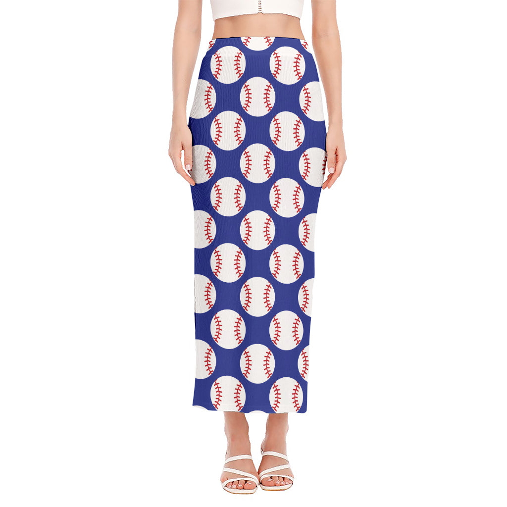 Blue Baseball Pattern Print Side Slit Maxi Skirt