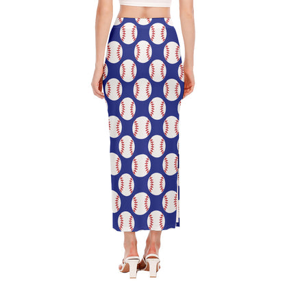 Blue Baseball Pattern Print Side Slit Maxi Skirt