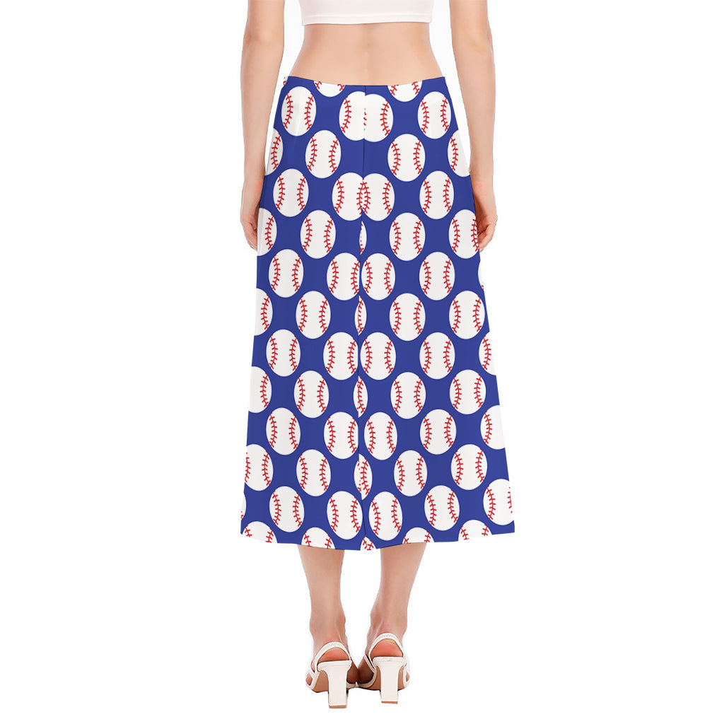 Blue Baseball Pattern Print Side Slit Midi Skirt