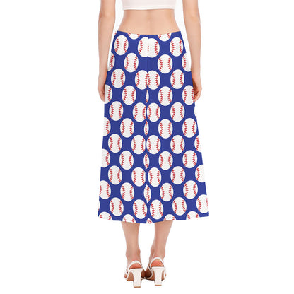 Blue Baseball Pattern Print Side Slit Midi Skirt