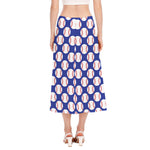 Blue Baseball Pattern Print Side Slit Midi Skirt