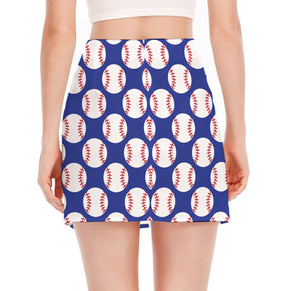 Blue Baseball Pattern Print Side Slit Mini Skirt