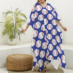 Blue Baseball Pattern Print Silk V-Neck Kaftan Dress