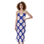 Blue Baseball Pattern Print Slim Fit Midi Cami Dress