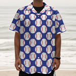 Blue Baseball Pattern Print Textured Short Sleeve Shirt