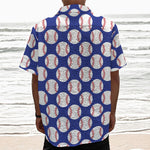 Blue Baseball Pattern Print Textured Short Sleeve Shirt