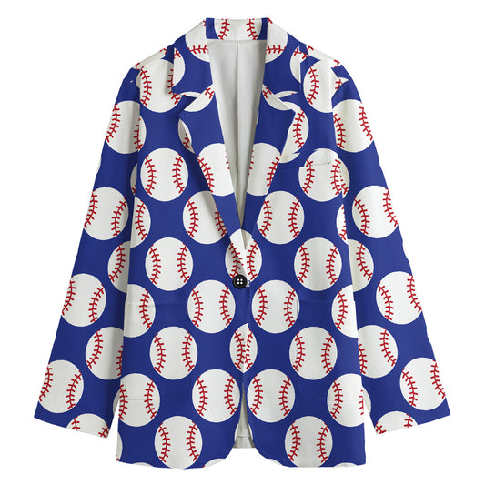 Blue Baseball Pattern Print Women's Blazer
