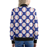 Blue Baseball Pattern Print Women's Bomber Jacket