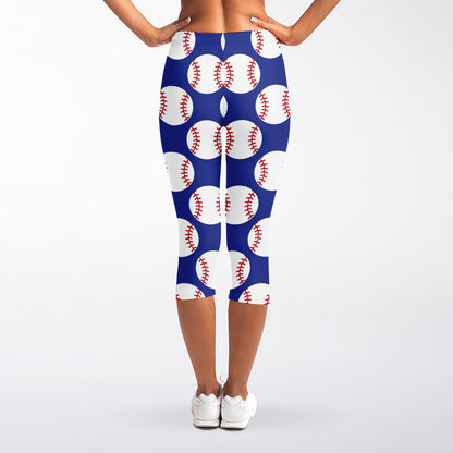 Blue Baseball Pattern Print Women's Capri Leggings