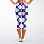 Blue Baseball Pattern Print Women's Capri Leggings