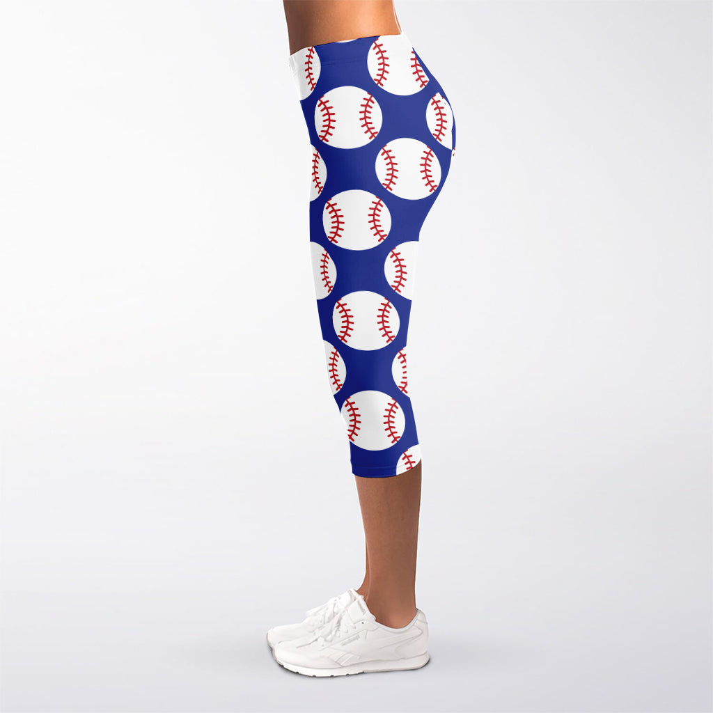 Blue Baseball Pattern Print Women's Capri Leggings