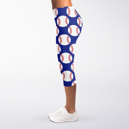 Blue Baseball Pattern Print Women's Capri Leggings