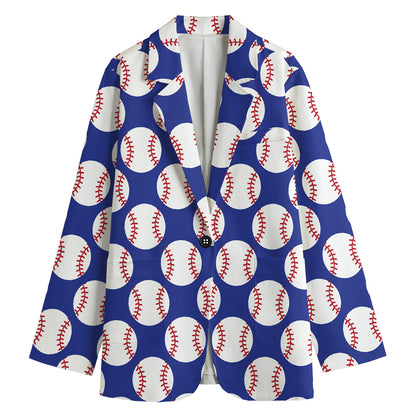 Blue Baseball Pattern Print Women's Cotton Blazer