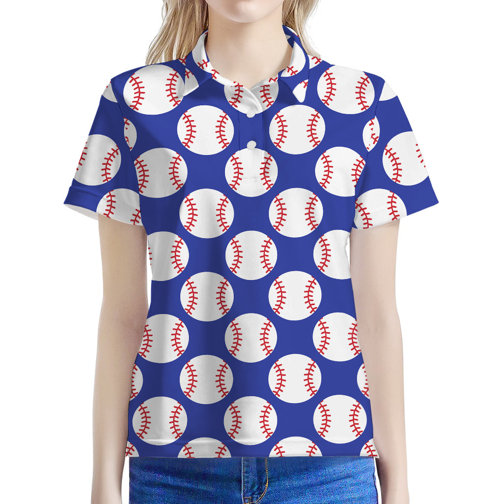Blue Baseball Pattern Print Women's Polo Shirt