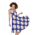 Blue Baseball Pattern Print Sleeveless Knee Length Dress