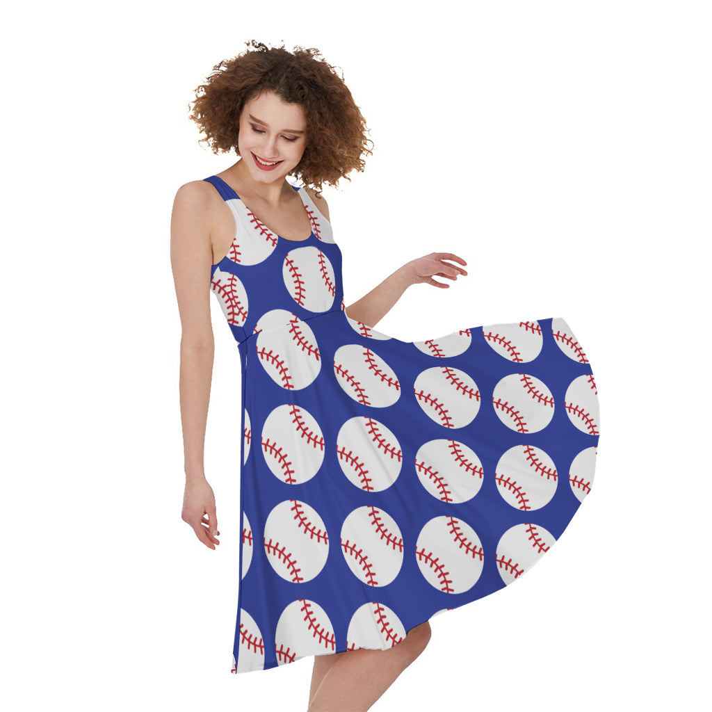 Blue Baseball Pattern Print Women's Sleeveless Dress