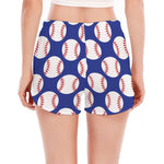 Blue Baseball Pattern Print Women's Split Running Shorts