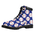 Blue Baseball Pattern Print Padded Collar Lace Up Boots
