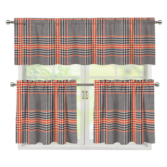 Blue Beige And Orange Glen Plaid Print 3 Piece Kitchen Curtains