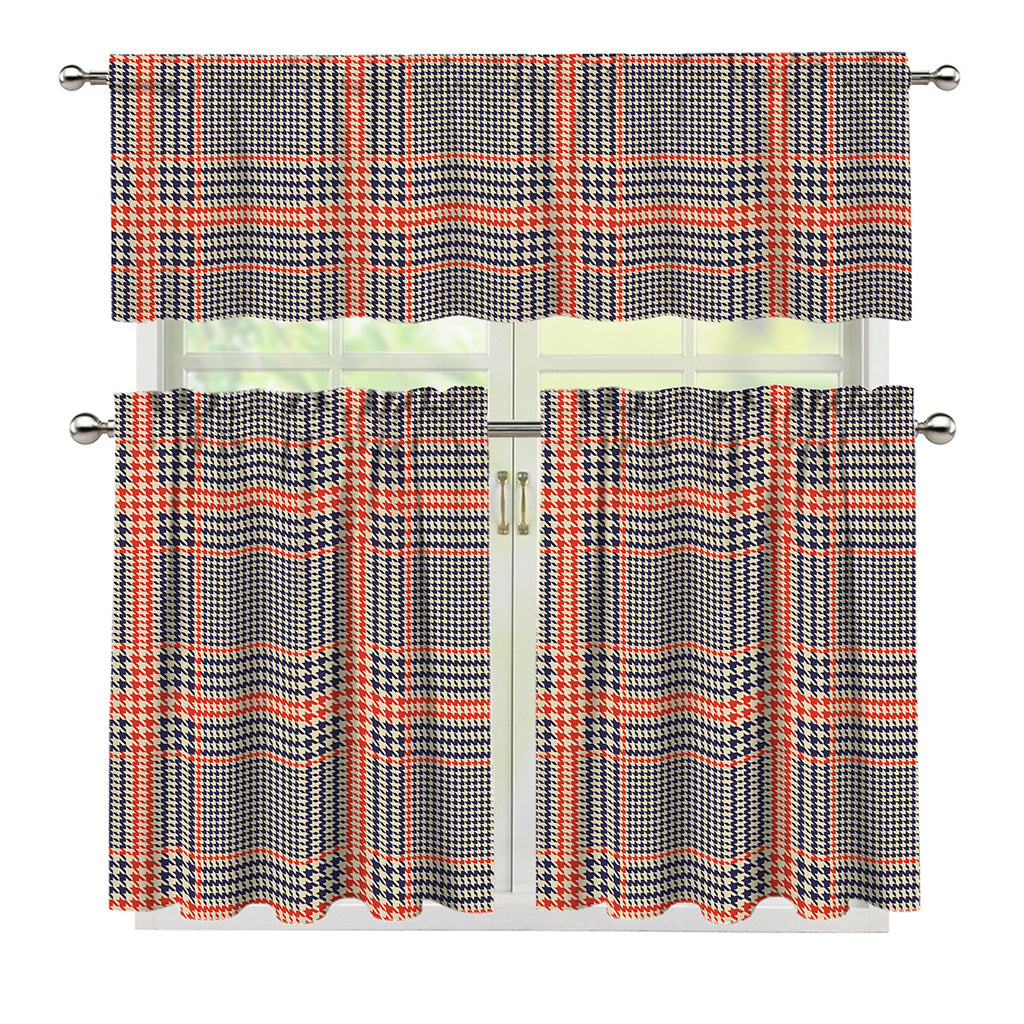 Blue Beige And Orange Glen Plaid Print 3 Piece Kitchen Curtains