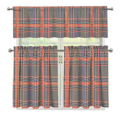 Blue Beige And Orange Glen Plaid Print 3 Piece Kitchen Curtains