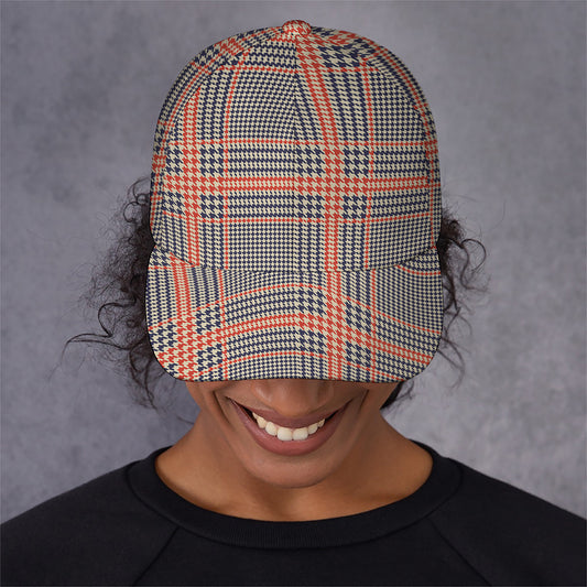 Blue Beige And Orange Glen Plaid Print Baseball Cap