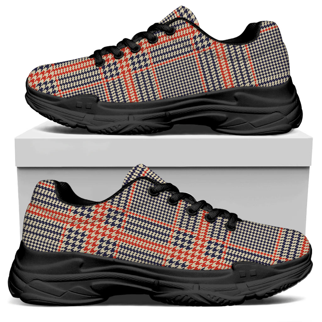 Blue Beige And Orange Glen Plaid Print Black Chunky Shoes