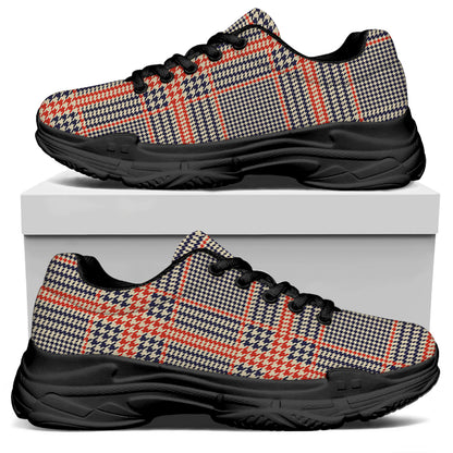 Blue Beige And Orange Glen Plaid Print Black Chunky Shoes
