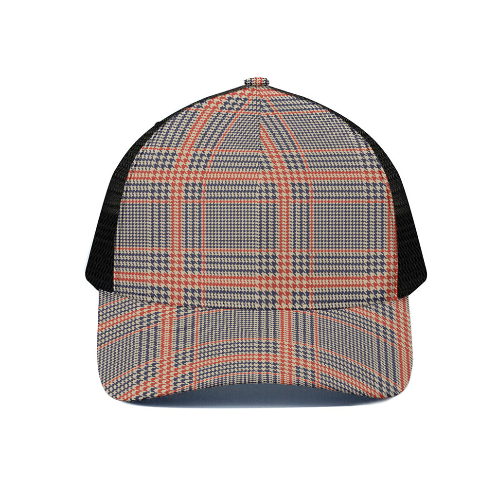 Blue Beige And Orange Glen Plaid Print Black Mesh Trucker Cap